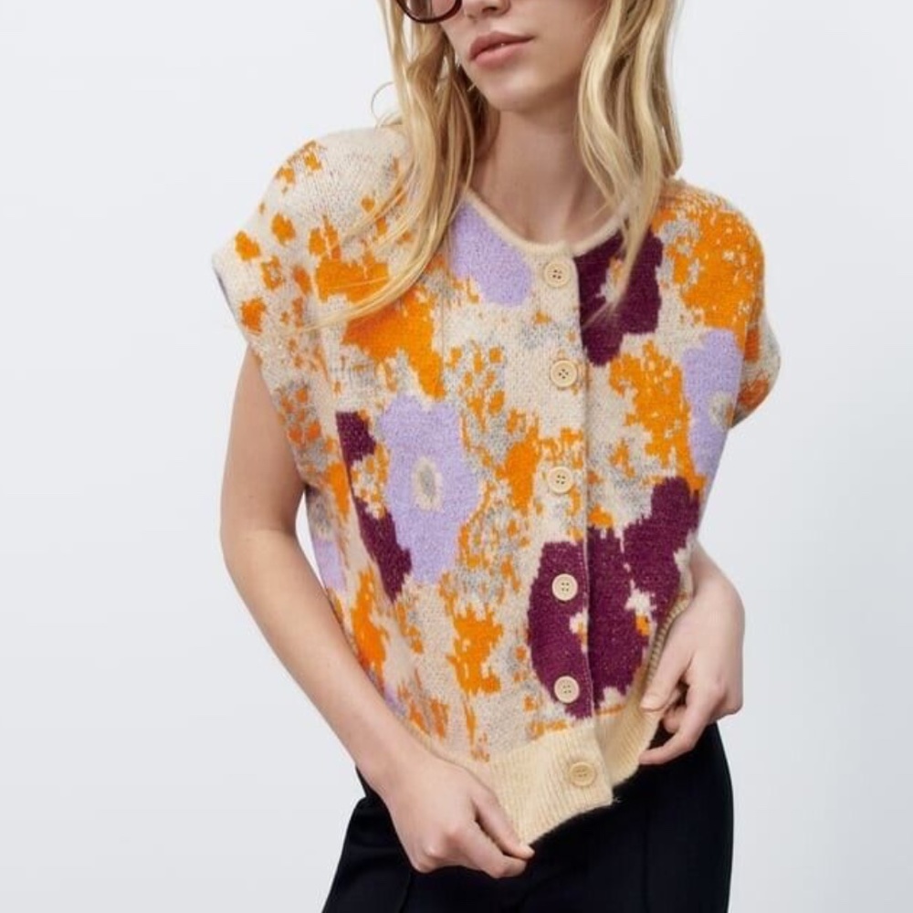 NWT ZARA FLORAL JACQUARD KNIT VEST MULTICOLORED M